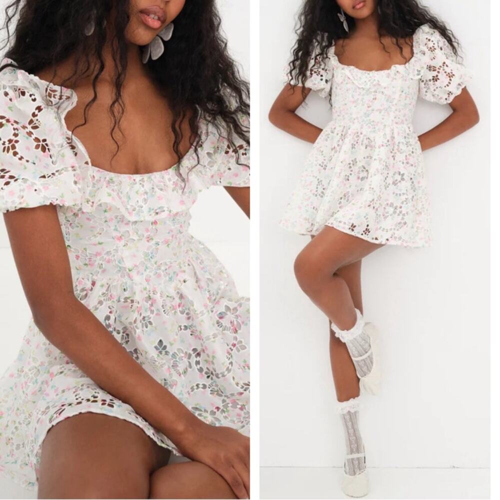 FOR LOVE & LEMONS Magnolia Floral Eyelet Ruffle Puff Sleeve Mini Dress Size XS - Picture 3 of 10